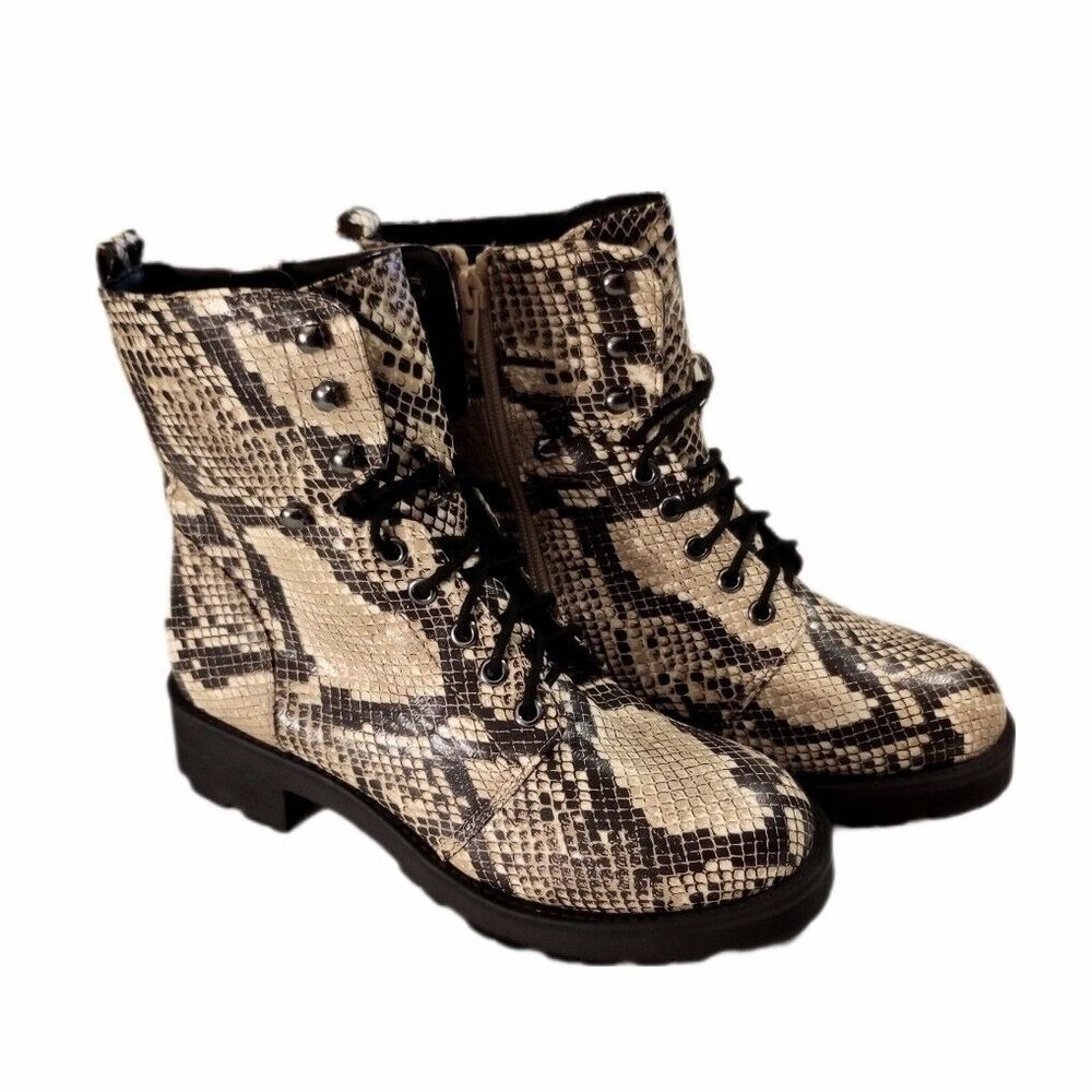 MIA Miki Combat Boots Snakeskin Print Lace Up Lug Sole sz 7.5 Womens Tan Cream